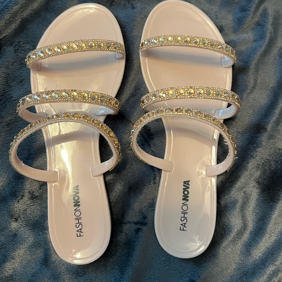 Fashion Nova Shoes - Size 9 nude sandal with gold jewels on the straps